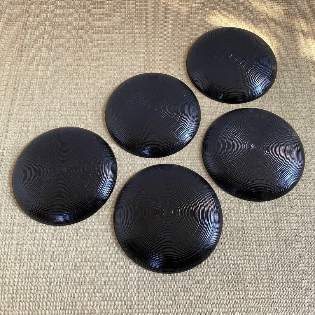美品 輪島塗 【筋入銘々皿 5客組】菓子皿 千筋 天然木 漆塗 懐石 茶道具