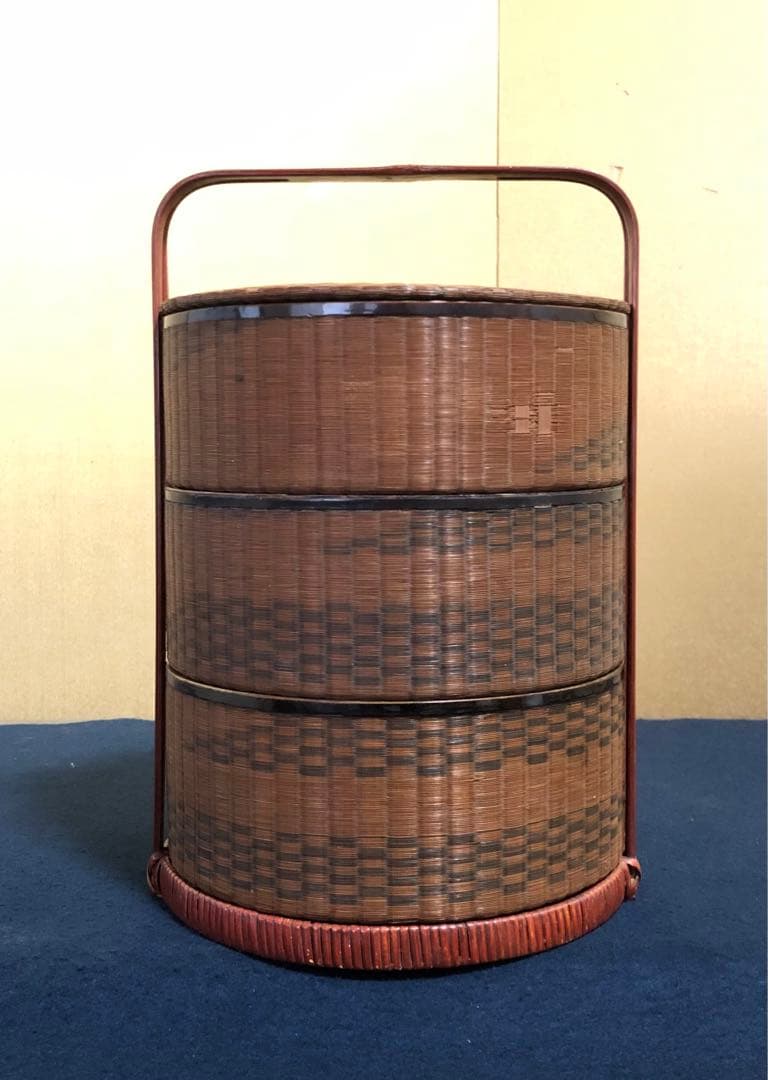 《レ》時代 煎茶 竹編 提籃 三段籠 提げ籠 茶籠 網代 木箱　251030う2
