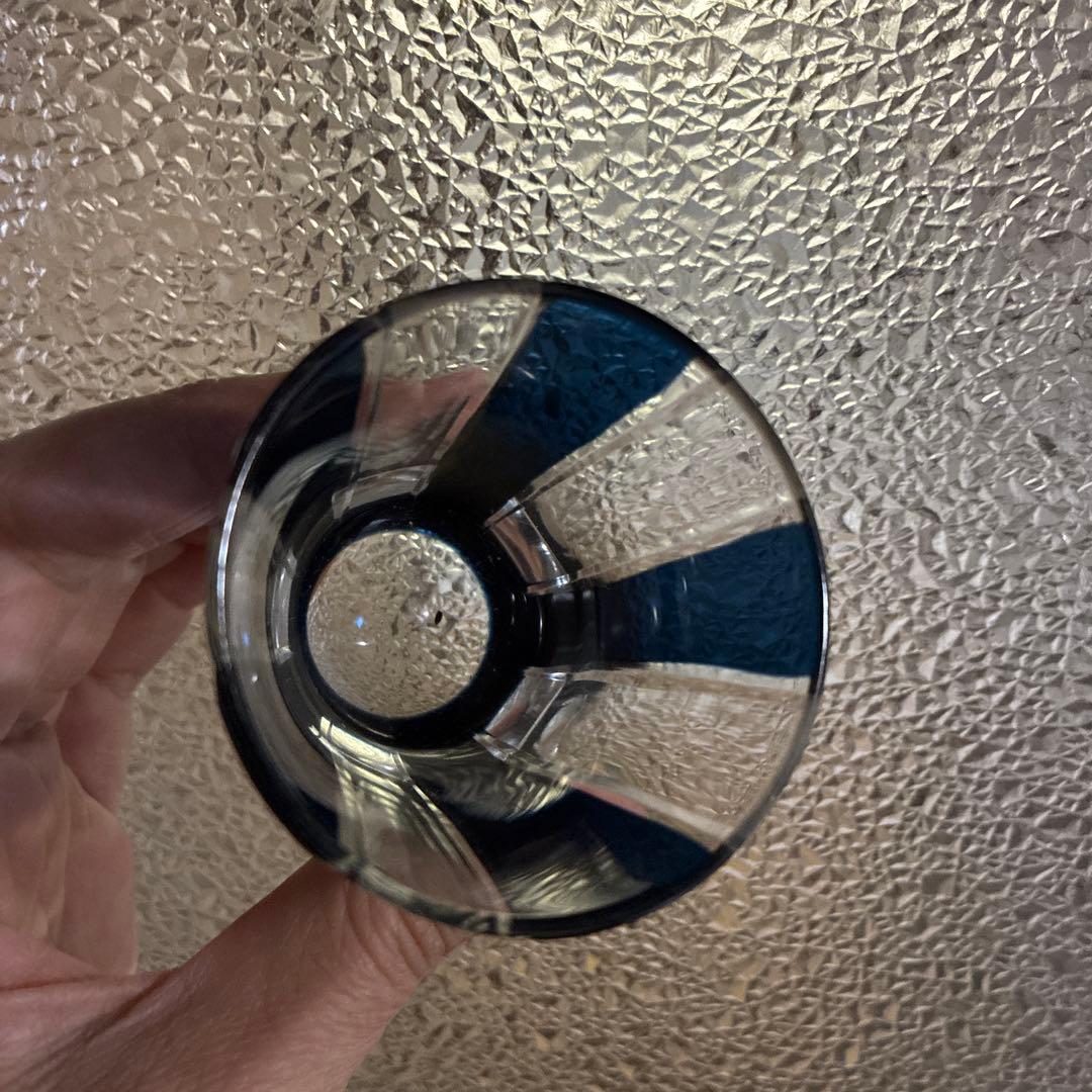 骨董　時代ガラス　希少　紺色被せ　縞　モダン切子　徳利　酒器　３点