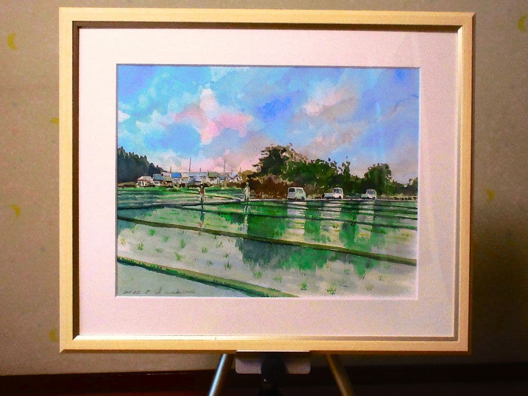 田植えの季節(水彩画 2022年作 フレーム付き)