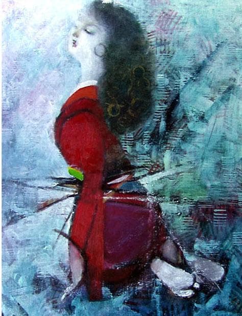 油絵 菅家令子 絵 絵画インテリア額付(青緑＋金色の枠) F6-031201女性