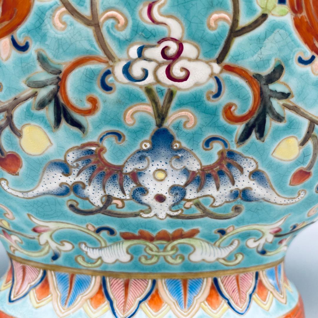 【清】陶磁器 神獣紋 大清乾隆年製 粉彩双耳花瓶 中国美術 41cm 古杉箱入