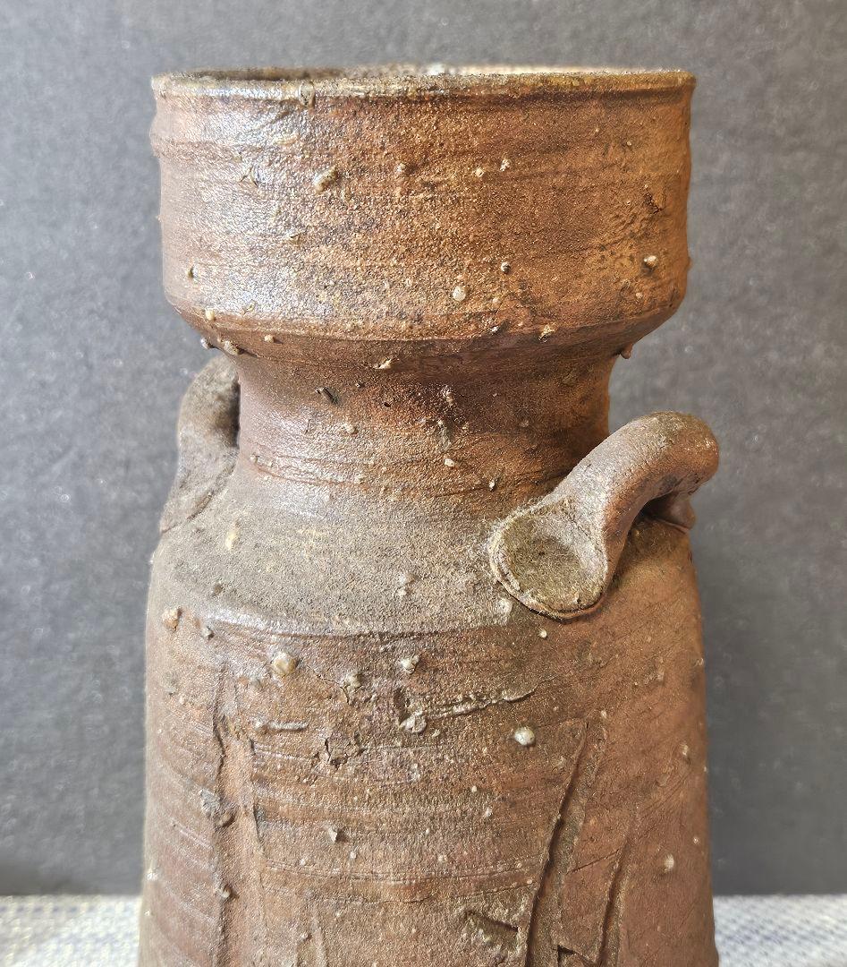 【時代古作品❗】明治時代頃　古伊賀　双耳　彫り文様　花入れ　花生け　茶道具　茶器