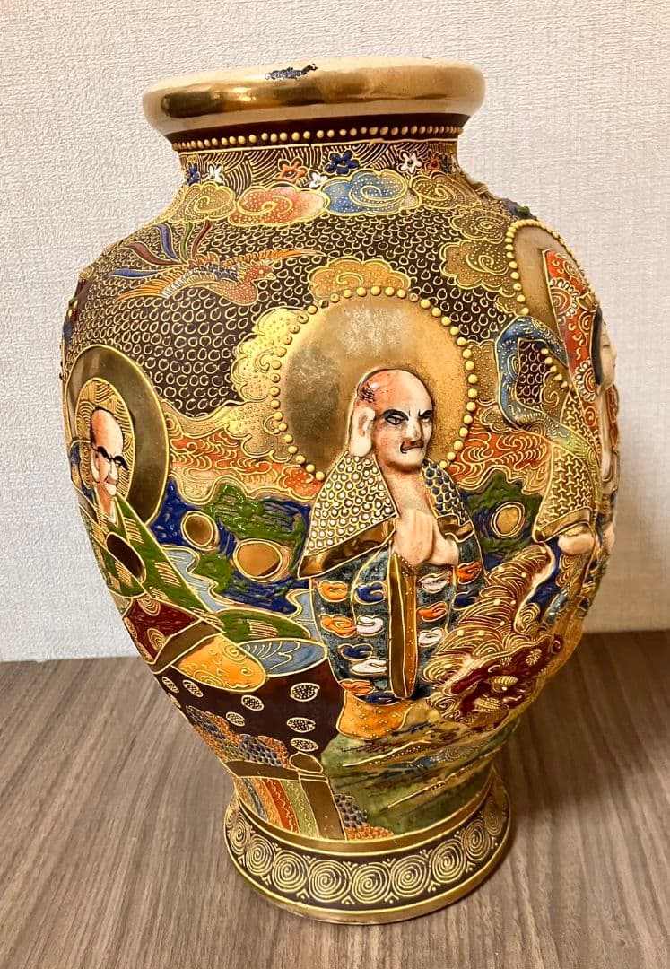 薩摩焼 金襴手 羅漢・観音図 大型壺 アンティーク美術品