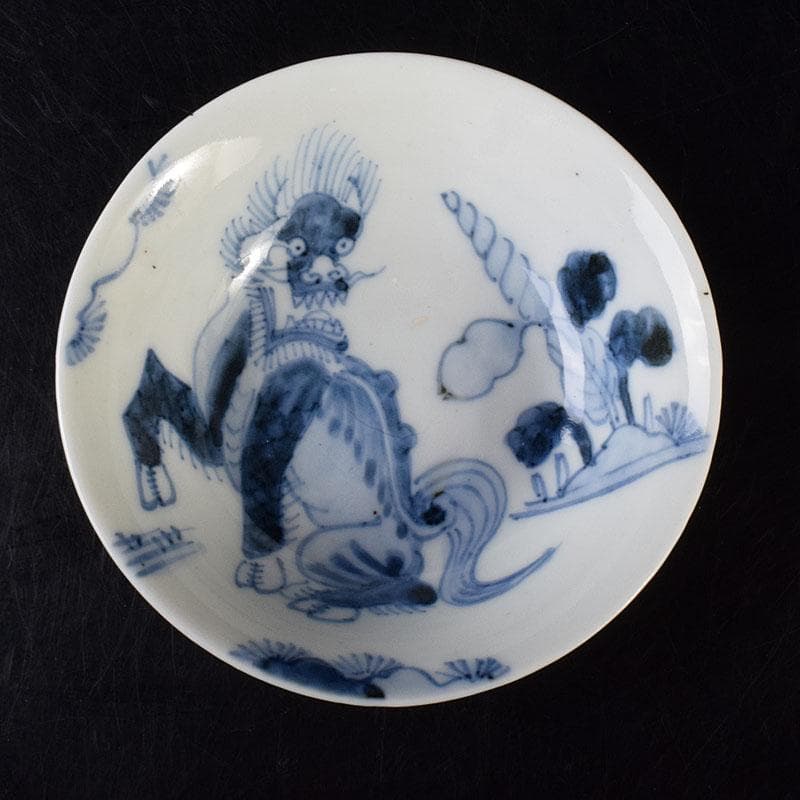 中国　南京染付　神獣文　小皿　豆皿　5客　時代箱付　C　R7810