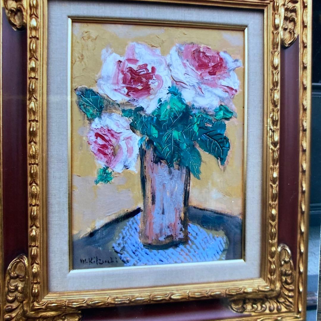 画家菊地正則「三輪のバラ」(ピエールロンサン)絵画　油彩画　額付き　F4 美品