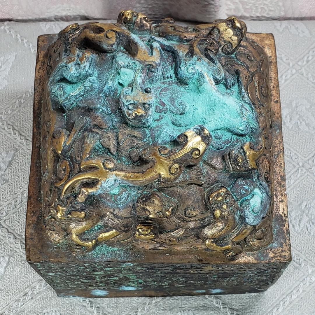 ◆『清朝 九龍 金銅璽（じ）：金銅印鑑』清朝時代皇帝印◆検）玉璽 乾隆帝 康熙帝