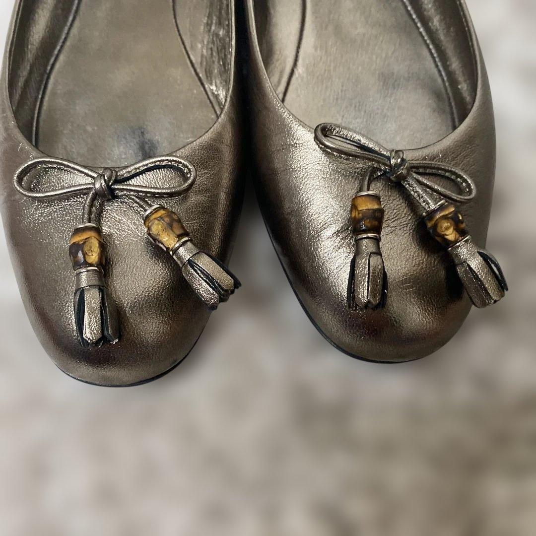 グッチ 36 リボンバレエシューズ ゴールド ブロンズ