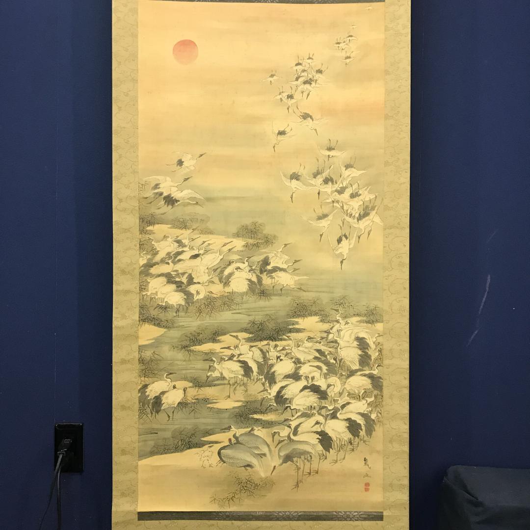 真作/戴文/百鶴図/開運/長寿/鶴/布袋屋掛軸HB-102