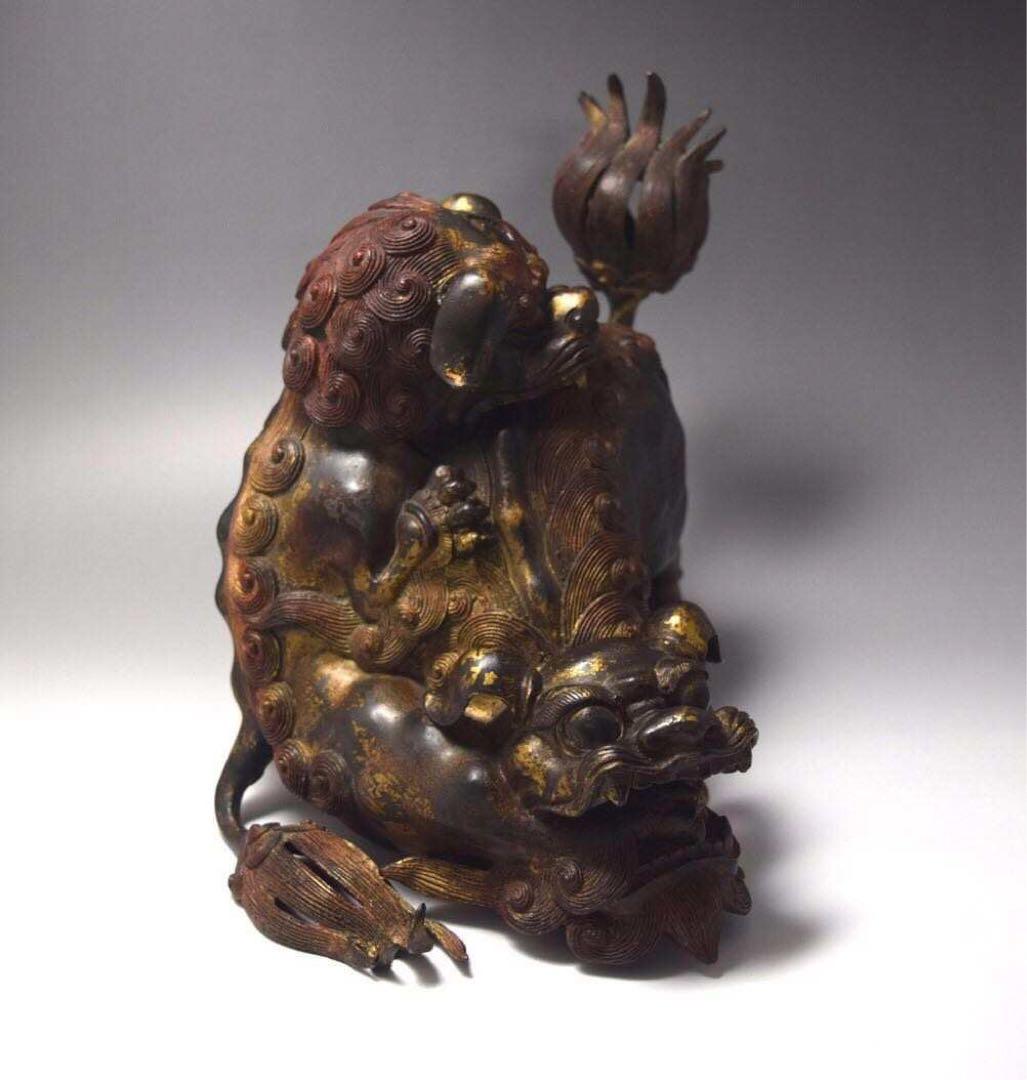 鍍金古銅獅子香爐　美術品　骨董品　金属製　工芸品　香炉
