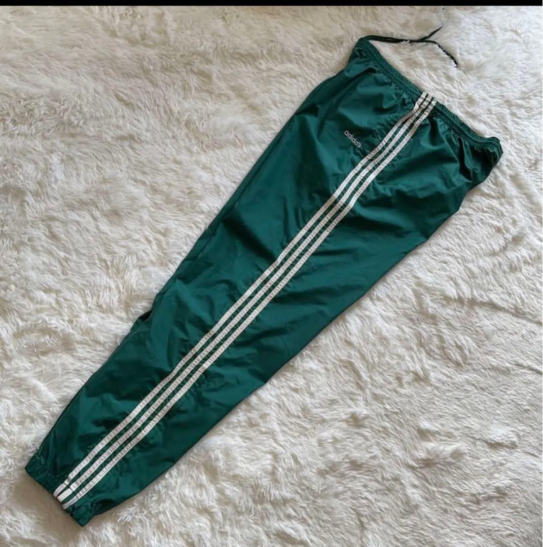 90's✨ adidas ナイロンパンツ　3本ライン　グリーン　希少　ワイド
