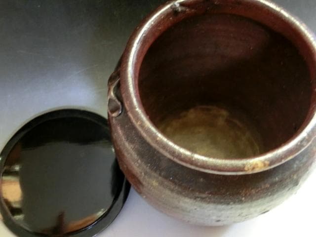 水指■美術館クラス 古備前 時代物 耳付き広口古壷(江戸期) 漆器蓋 骨董品■