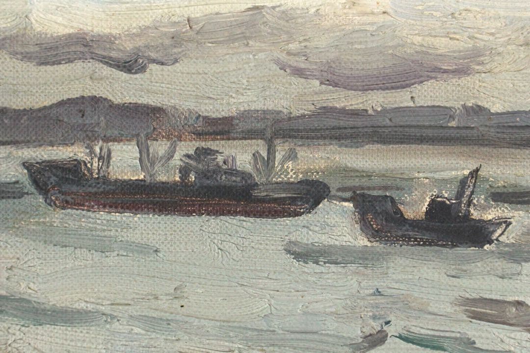 No4847 額装　宮坂昌夫　「釧路河口初冬」　油彩画　SM号　風景画　送料無料