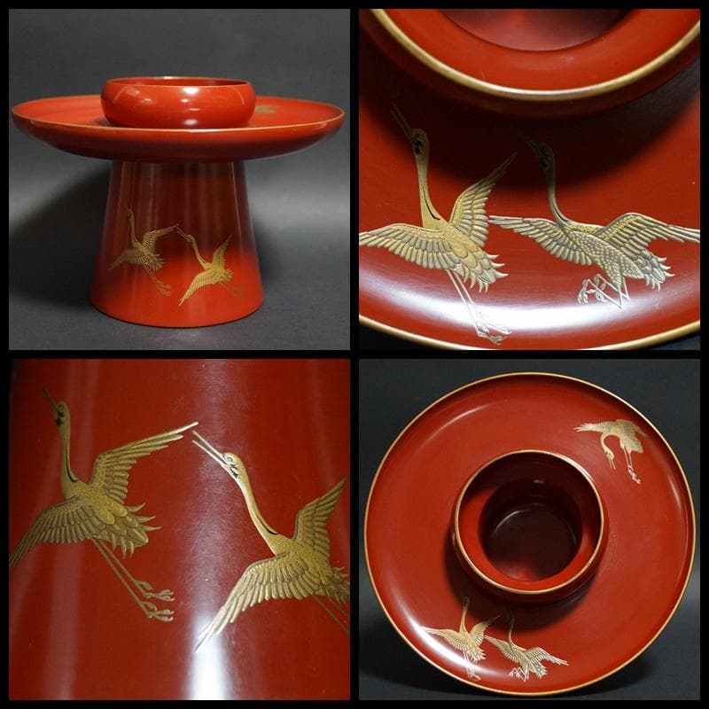明治期 輪島塗 極上 金蒔絵『飛鶴』 盃台/三ツ組盃 揃 木製漆塗り 箱付時代物