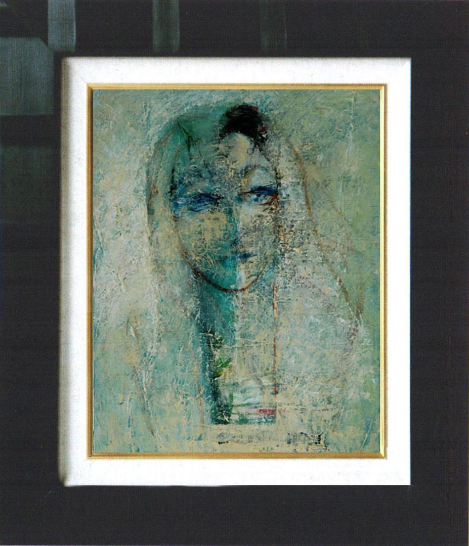油絵 菅家令子 絵 絵画インテリア額付(青緑＋金色の枠)F4-070112 女性