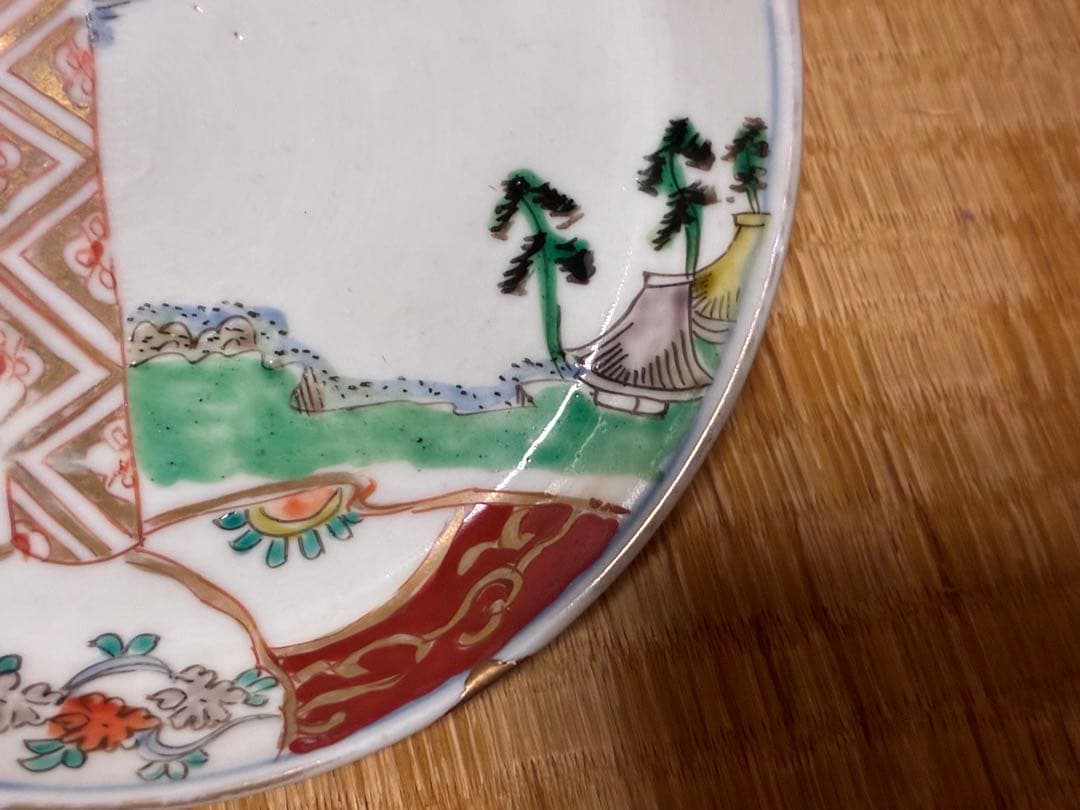 古伊万里 魚紋 風景図 色絵 長皿 丸皿 二点