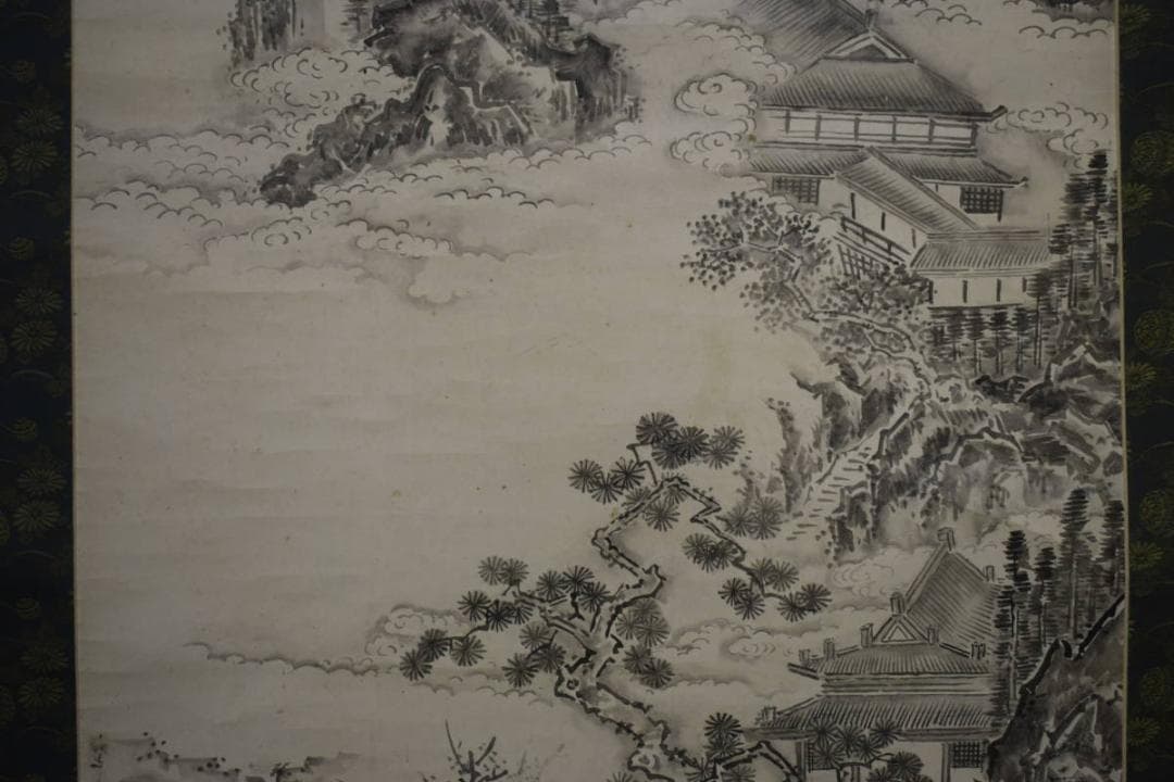 模写/狩野山雪/墨景山水之図/桐題箱付/布袋屋掛軸HF-479