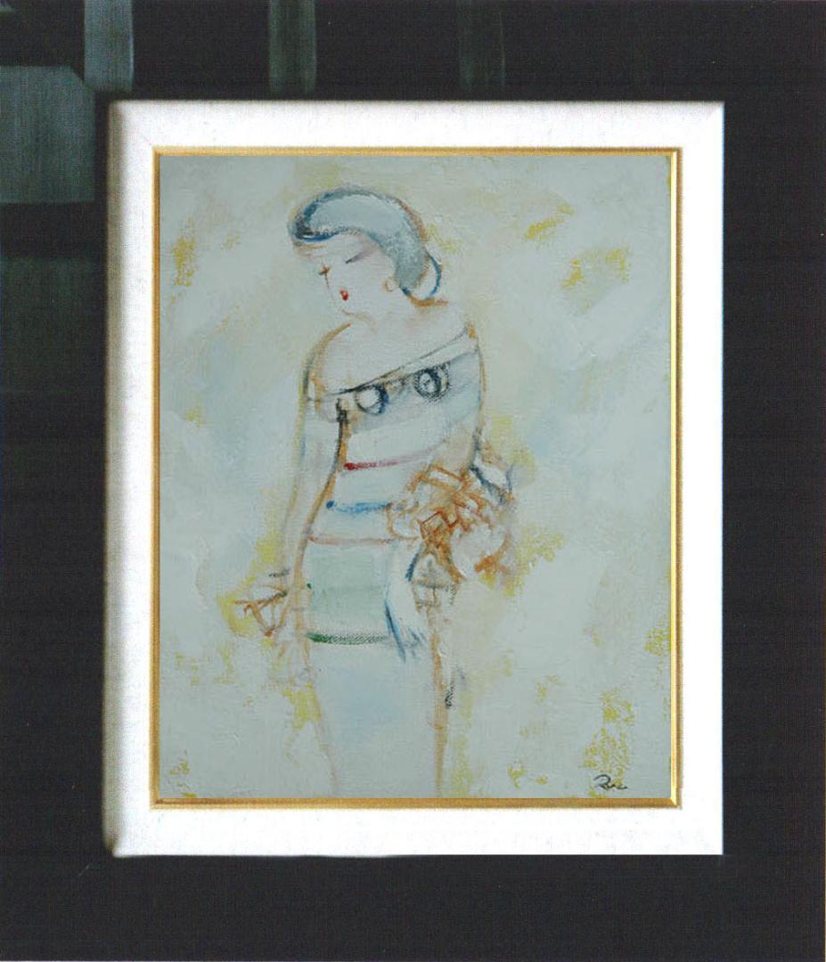 油絵 菅家令子 絵 絵画インテリア額付(青緑＋銀) F3-020311人物 女性