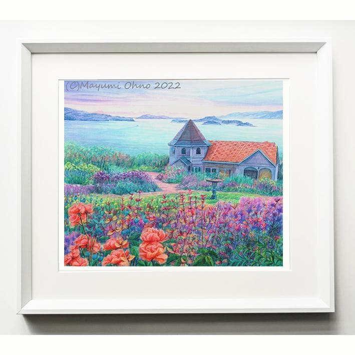 ガーデン　風景画　海　版画　アクリル画　水彩画　花　フラワー　カラフル 白　夕景