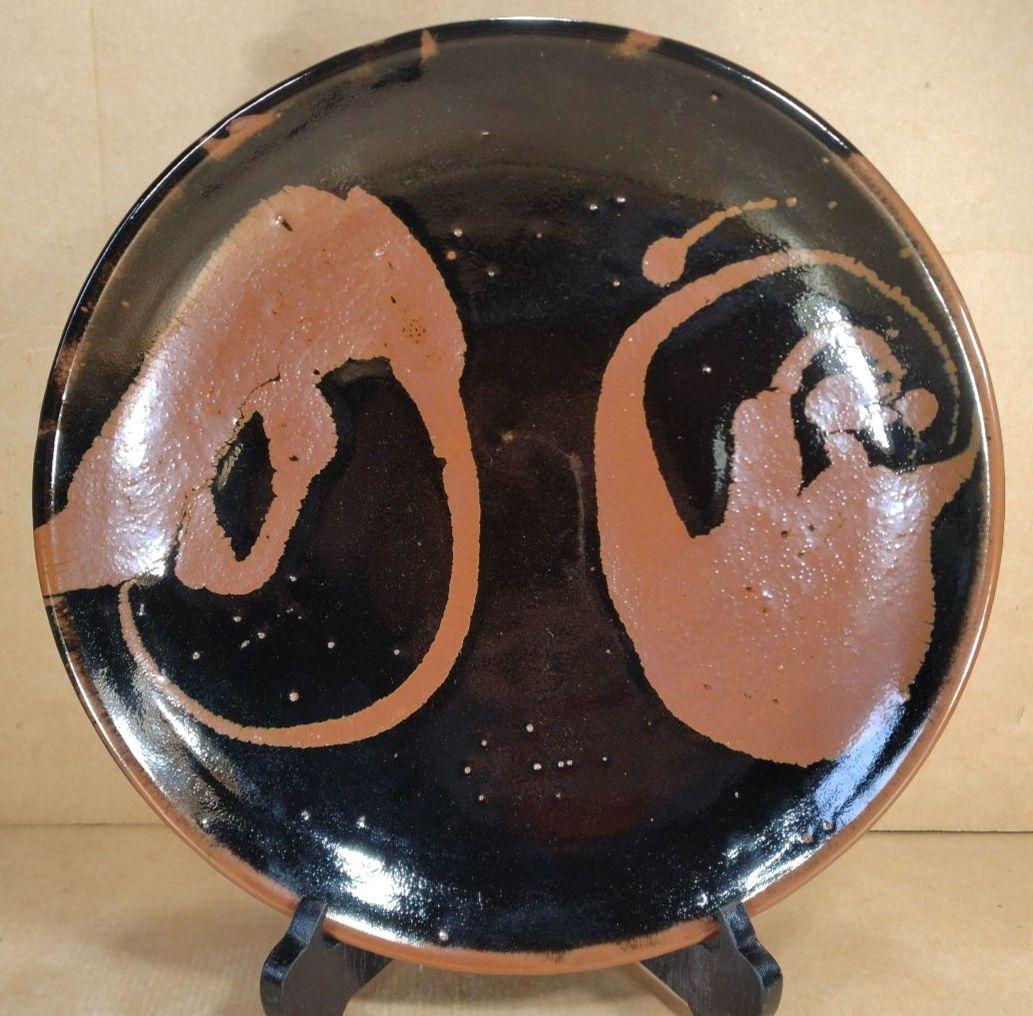 極美品 濱田庄司 黒釉錆流描皿 共箱 毎日オークション出品【本物保証】人間国宝
