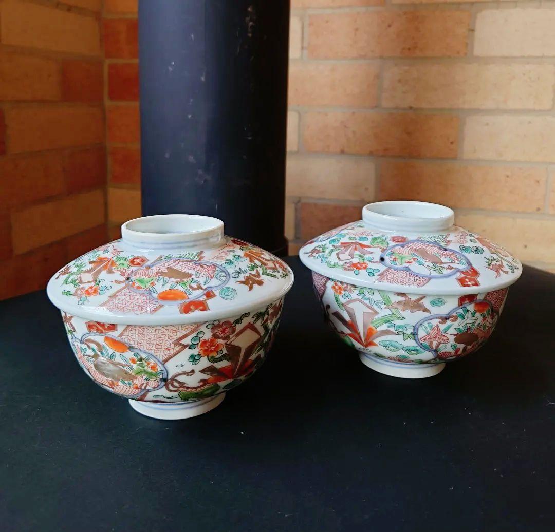 古伊万里　古九谷　江戸時代　鷺絵　煮物碗　蓋付き碗　飯碗　染錦　錦彩　手描　色絵