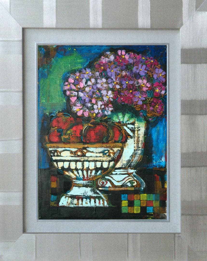 油絵 菅家令子 絵 絵画インテリア額付(青緑＋金色の枠)uF6-063504花器