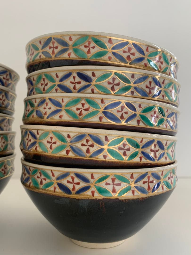 茶道具　城岳　天目釉七宝文数茶碗　10客