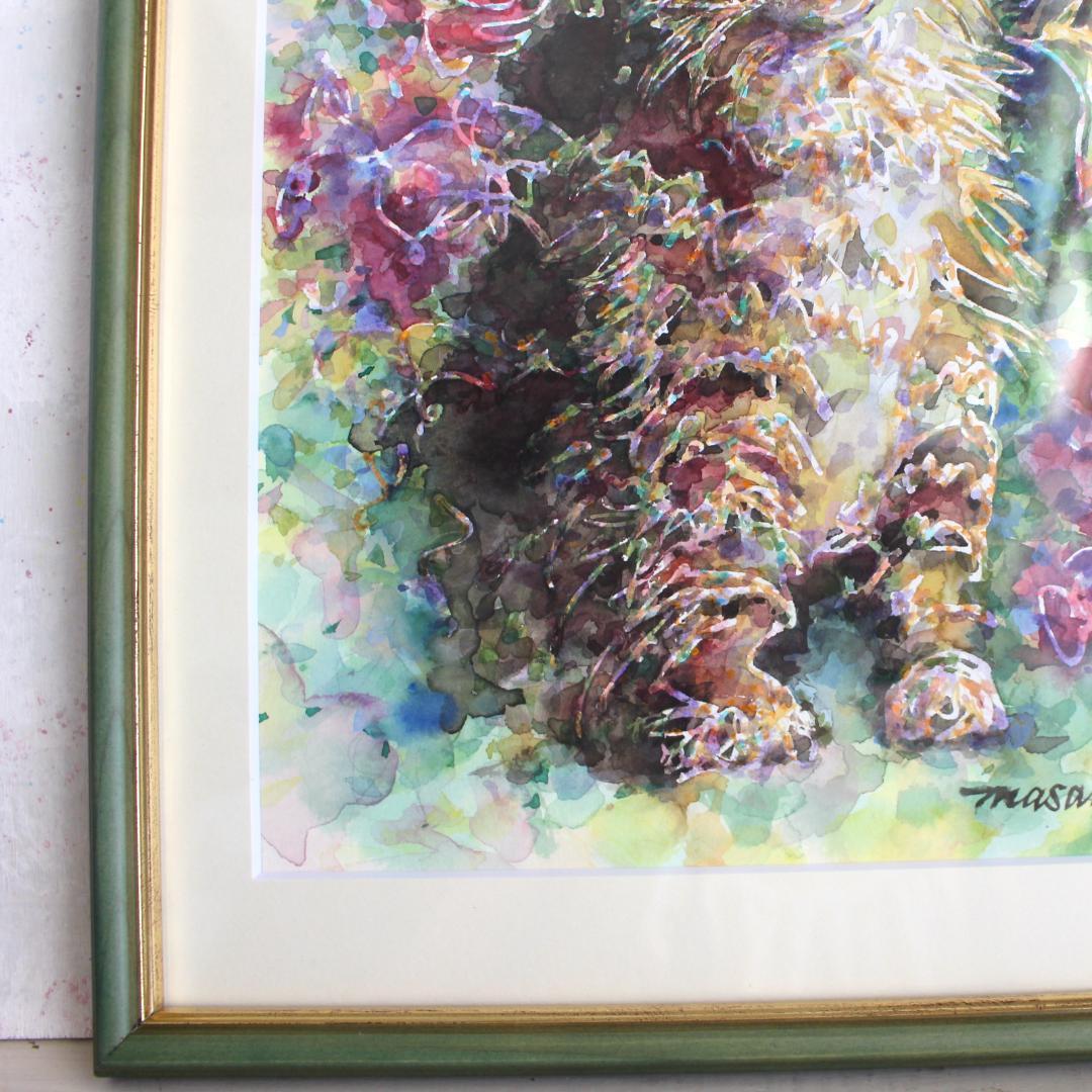 猫の絵 水彩画 原画 額付き「花の香り」F4
