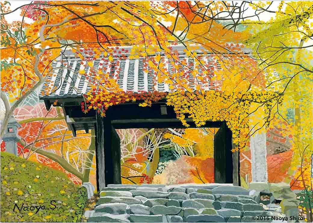 水彩画　ジクレー版画「秋月城跡 黒門の紅葉」（朝倉市）