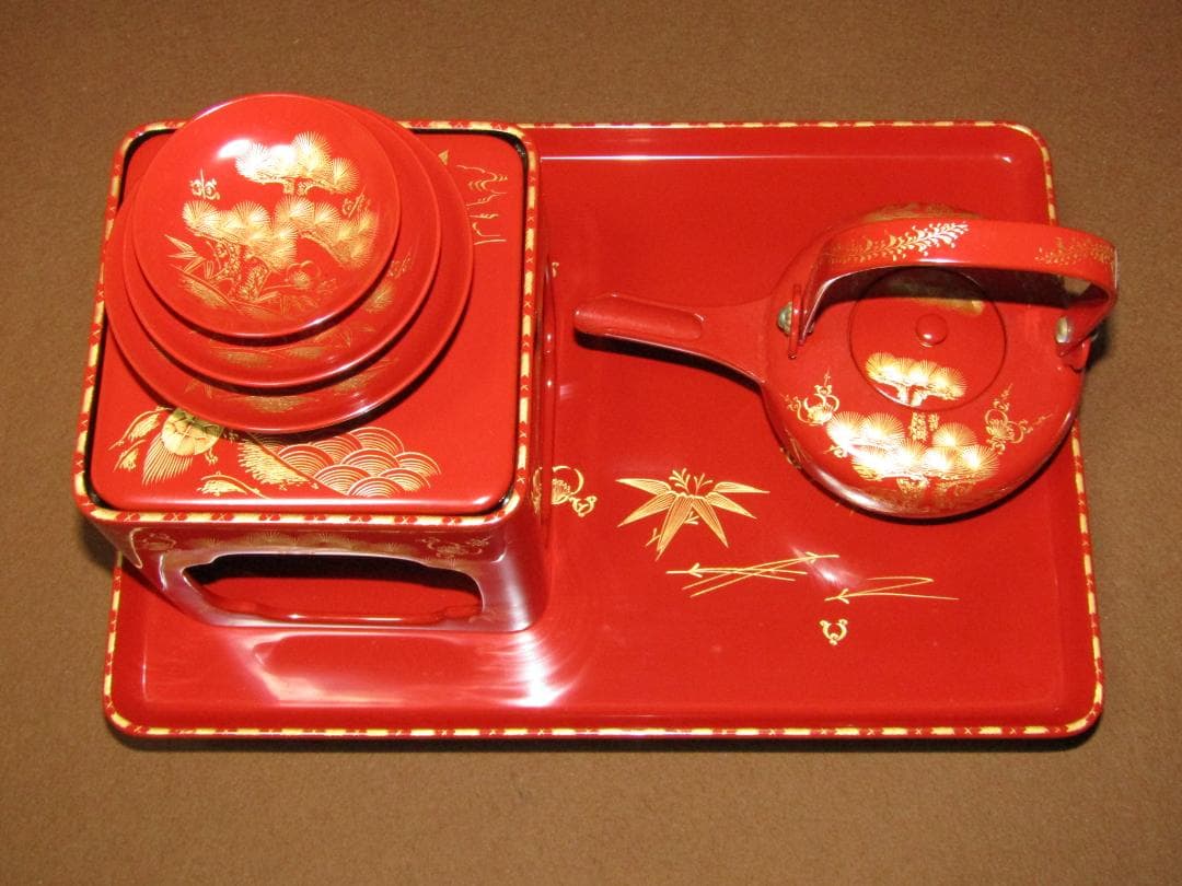 【輪島塗　松竹梅鶴亀　沈金蒔絵　屠蘇器揃】美品　正月道具