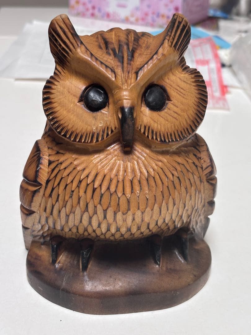 木製フクロウ彫刻 約15cm