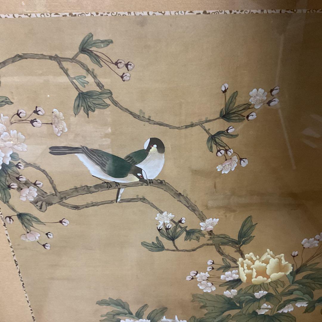中国画 花鳥図 木枠扁額 【 牡丹に小禽図 】 落款名無 作者不詳