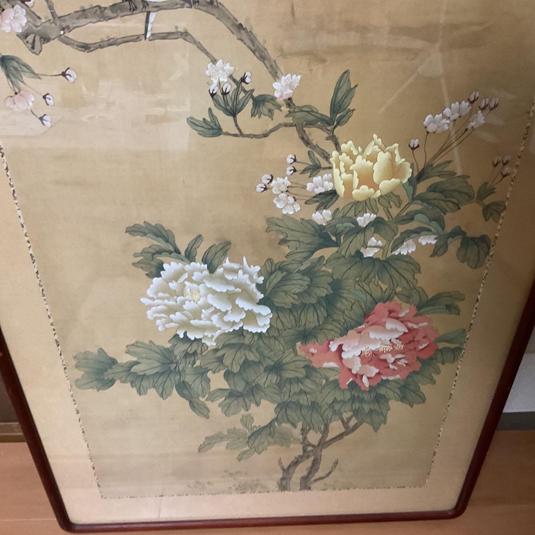 中国画 花鳥図 木枠扁額 【 牡丹に小禽図 】 落款名無 作者不詳