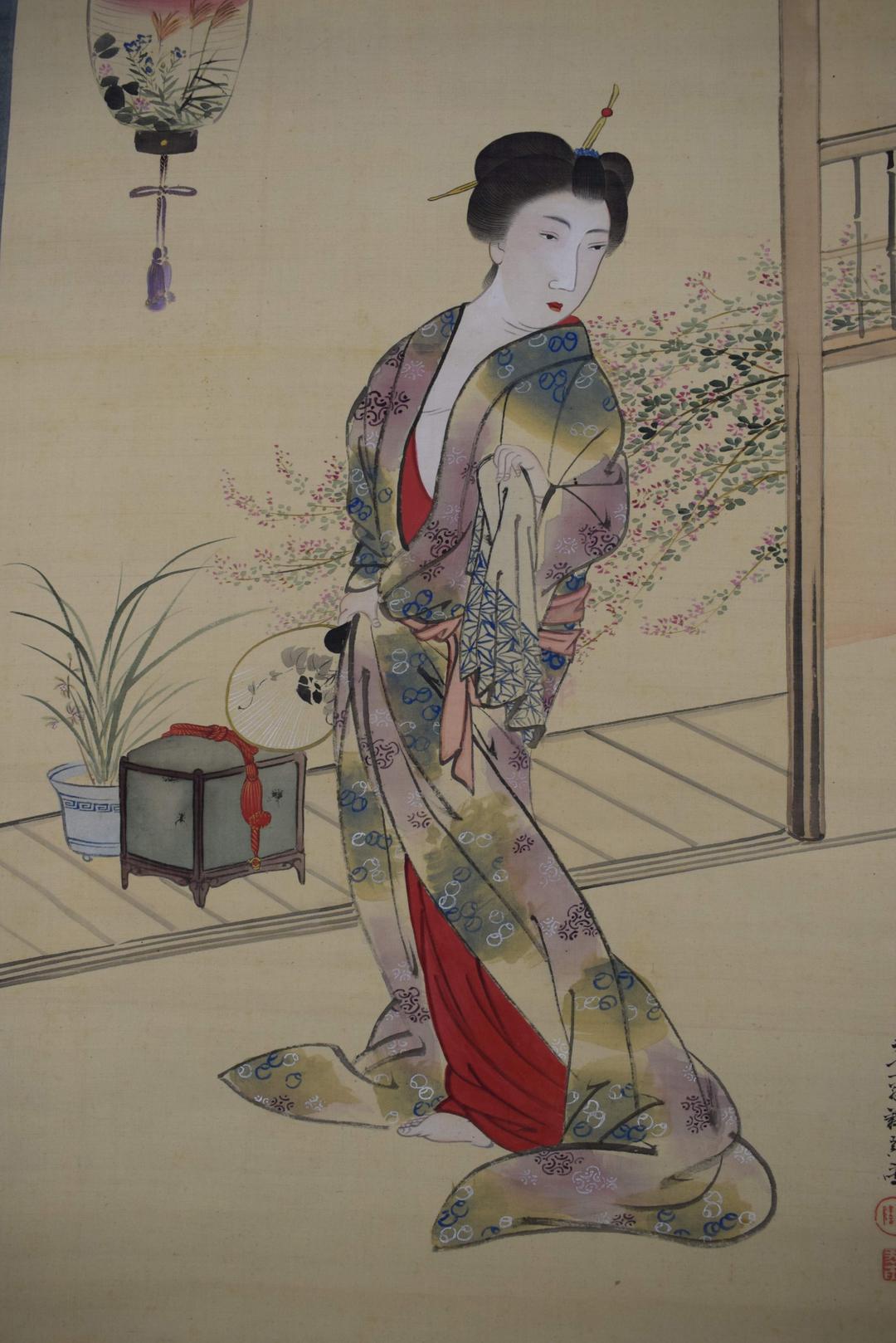 【真作】立松義寅/美人画/納涼美人/美婦湯上り/掛軸☆宝船☆Y-333　JM