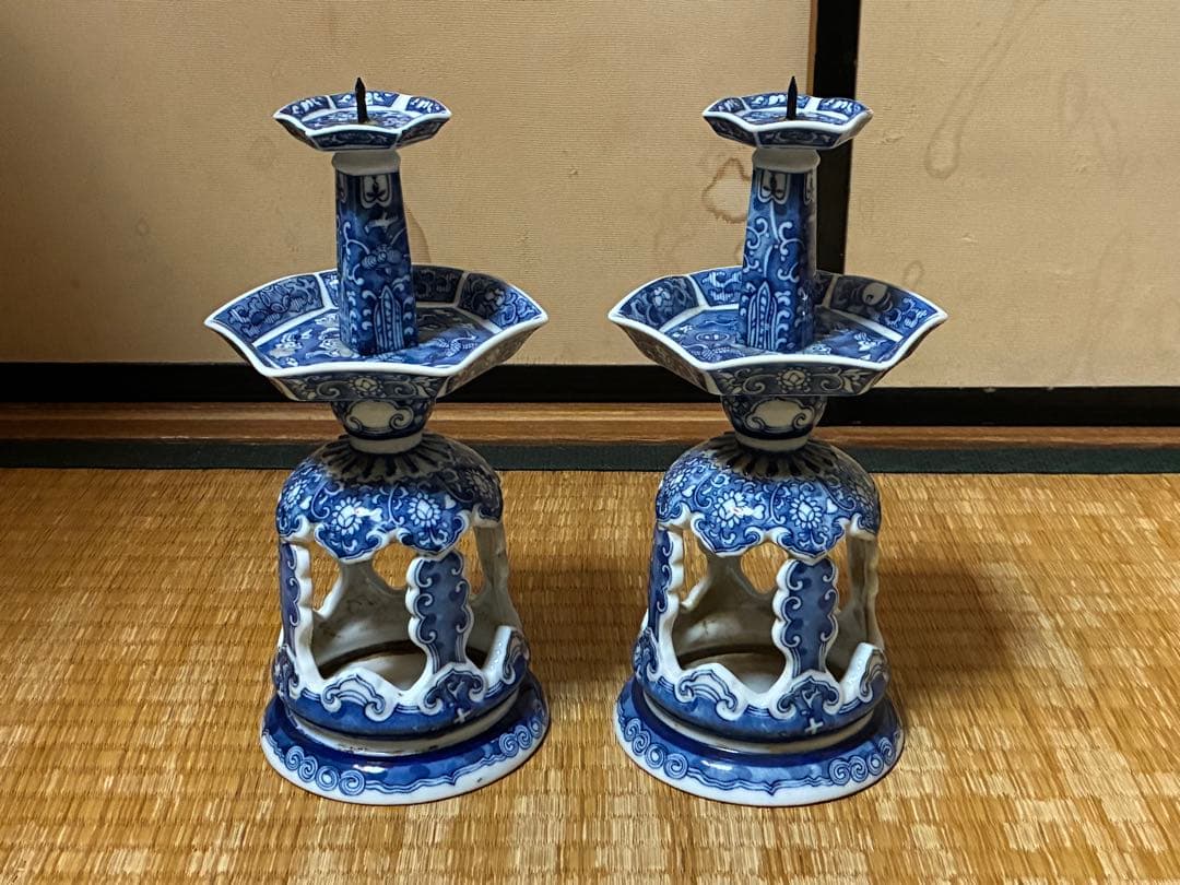 古伊万里 中国 青花 染付 燭台 一対 時代物 中国美術
