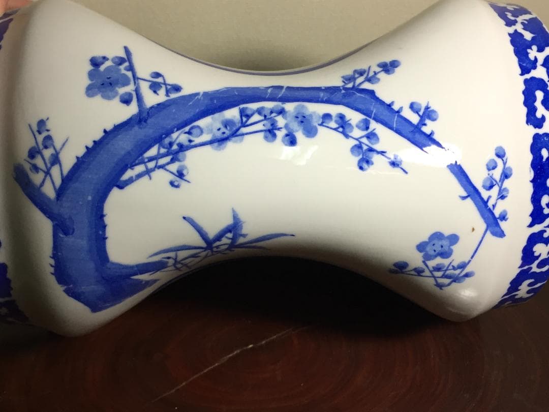 実用品 陶枕 梅図 染付 福寿 陶器製 中国古玩