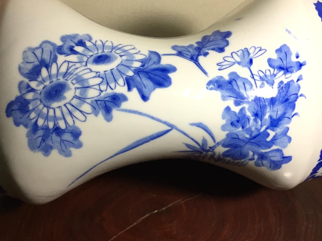 実用品 陶枕 梅図 染付 福寿 陶器製 中国古玩