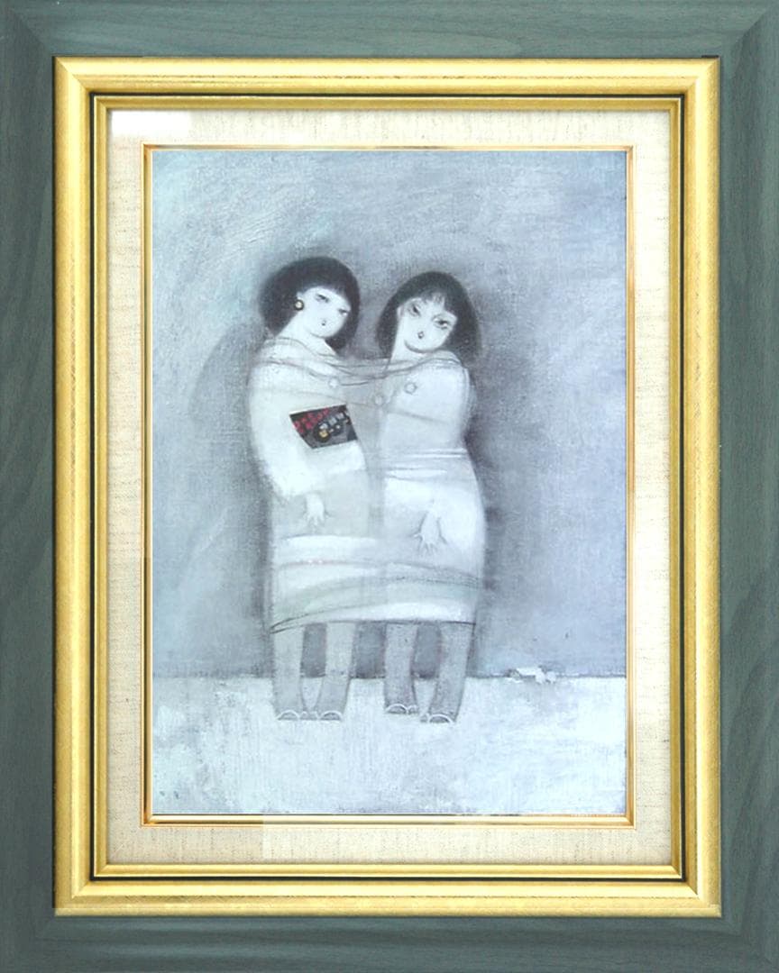 油絵 菅家令子 絵 絵画インテリア額付(銀) F4-42023 人物 雪国の子供