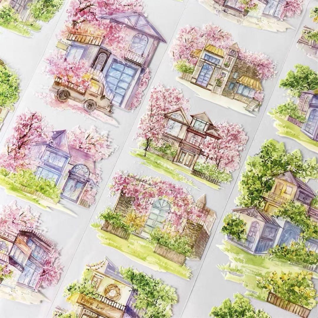 【9080】海外　マステ　5m巻　PETマスキングテープ　桜　木　戸建て　背景系