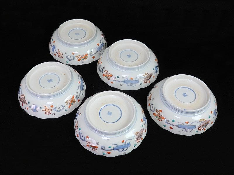 古伊万里　金襴手　松竹梅に鶴亀の図　膾皿　５客　D942AS-BNu