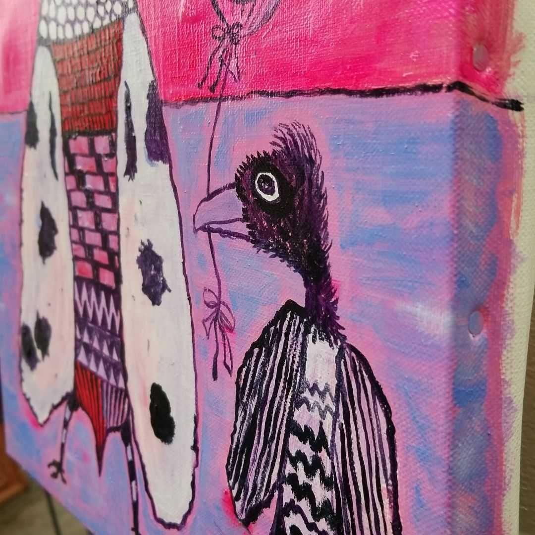 油絵　専用　きれいな鳥のお父さんと子ども