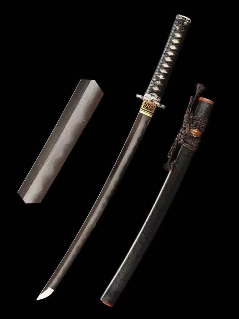 本脇差「桜洛」 黒石目鞘 銀鎏金装 皮革柄巻き 武具 日本刀 模造刀 鑑賞用