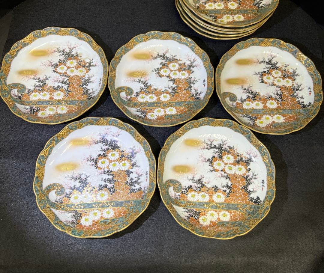 明治初期　九谷焼　極上青粒　10枚　木箱付　東Y7-1219☆1F