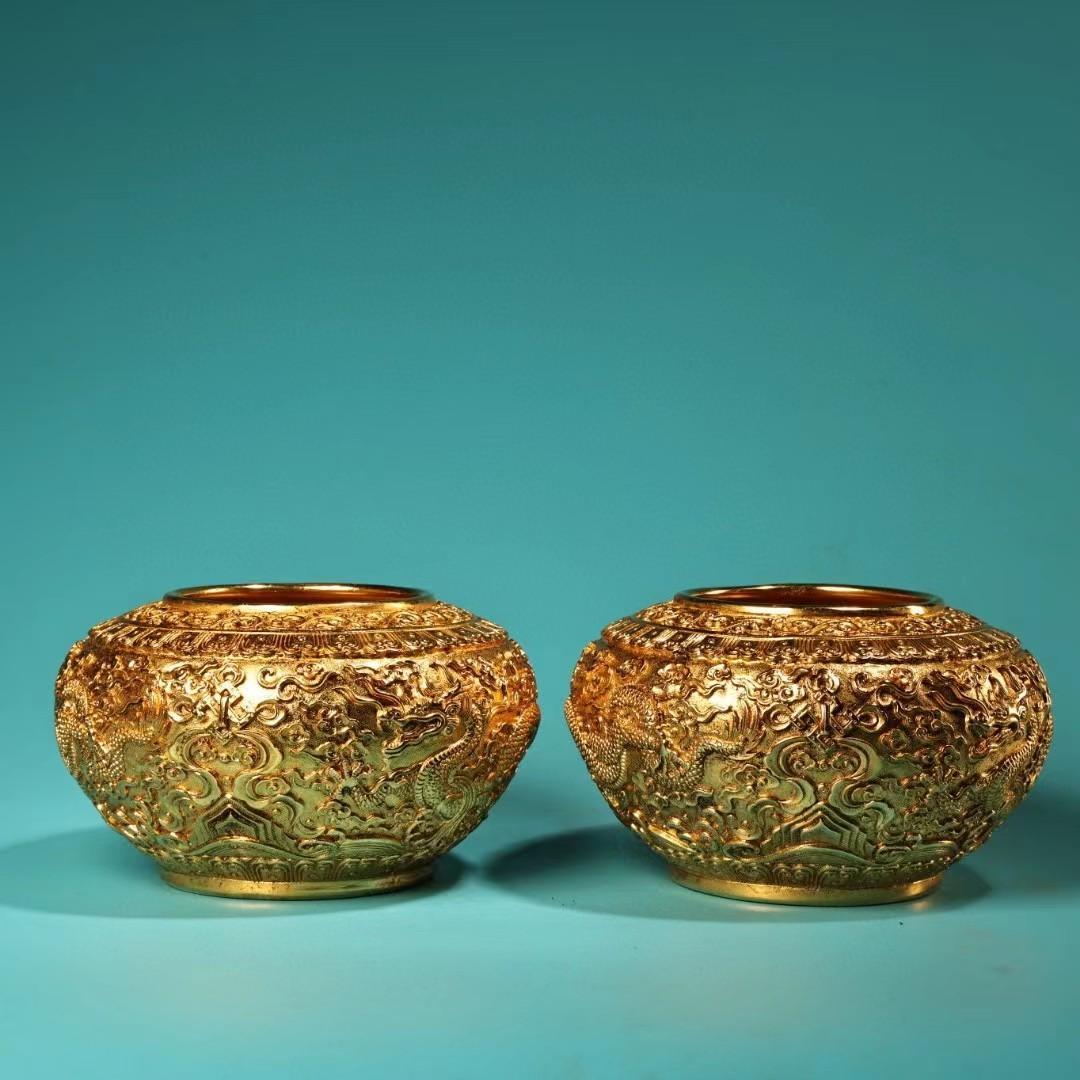 中国古美術・旧蔵収鎏金龍缶一対・純銅细密彫・純手作り・高浮彫・置物・酒器・茶道具