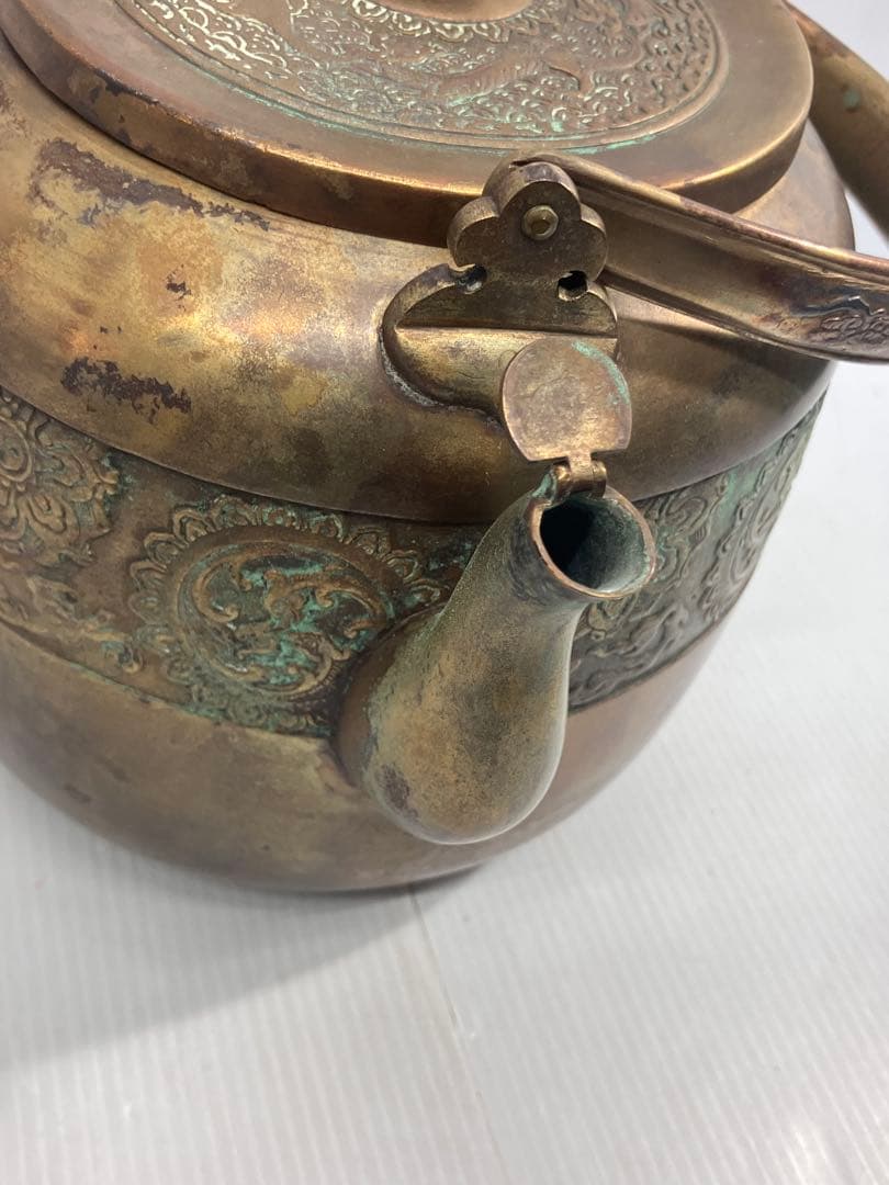 【時代物】銅製 薬缶 水注 湯沸 煎茶道具 毛彫 花文 唐草 骨董品