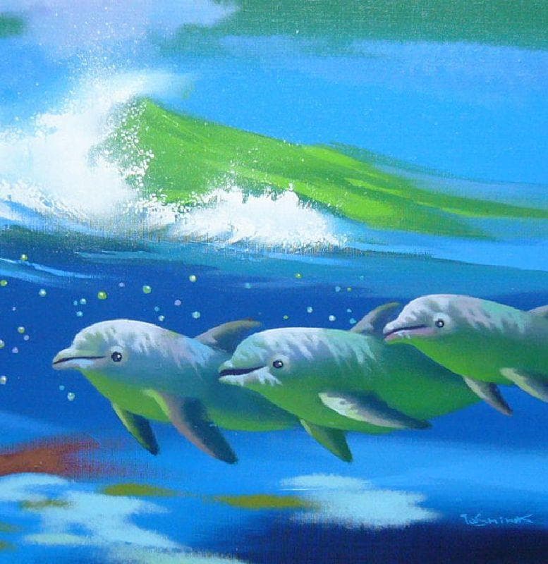 竹内敏彦 絵画 油絵 肉筆油絵 クリスタルブルー 海 ドルフィン  F12