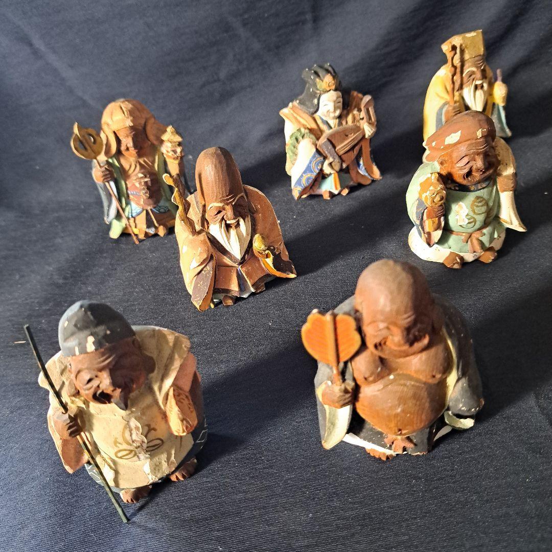 「絶妙です! 彩色木製工芸品 七福神像(脊高 約7cm）7体」 骨董アンティーク