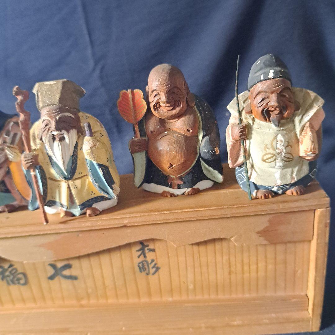 「絶妙です! 彩色木製工芸品 七福神像(脊高 約7cm）7体」 骨董アンティーク