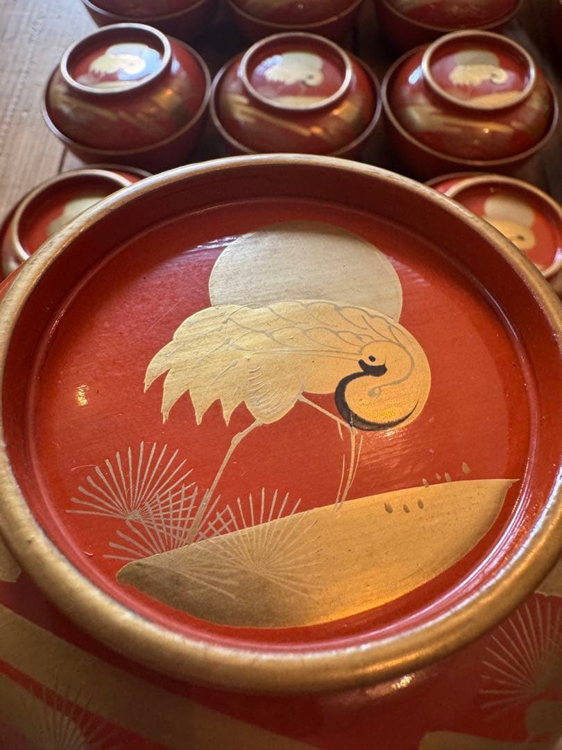 「明治〜大正 骨董 漆器 吸物椀 20客 ■華やか鶴蒔絵 ■箱付き ■送料込み」
