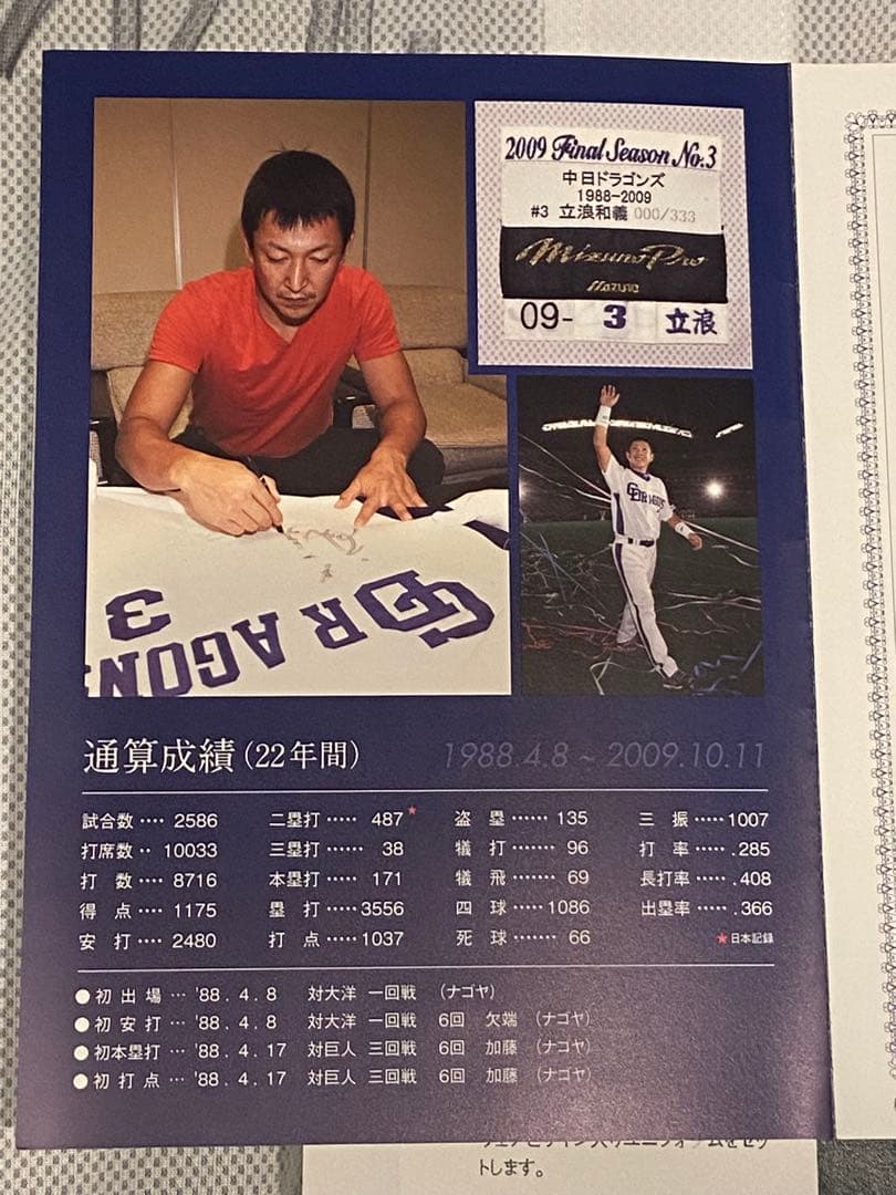 立浪和義2009年シーズン着用ユニホーム同タイプ直筆サイン入り額
